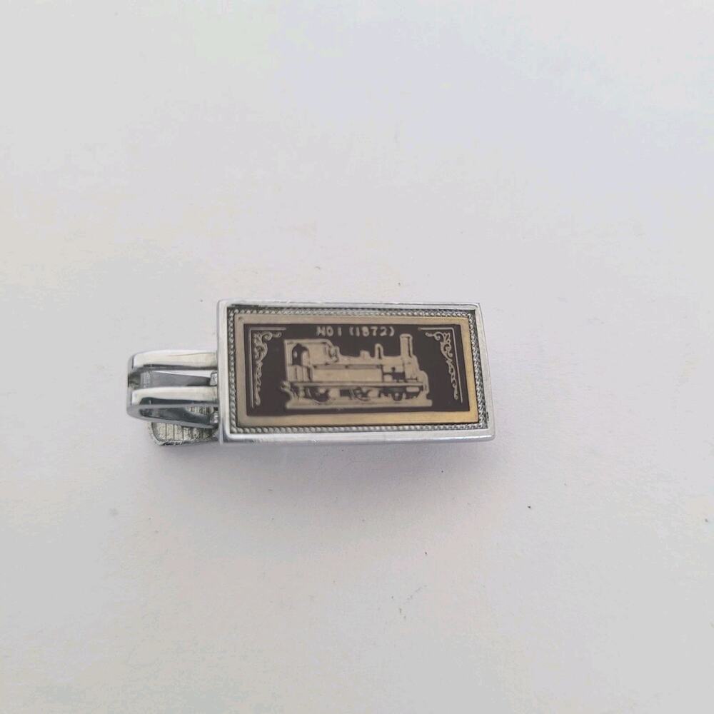 Locomotive Retro Silver Tone Tie Bar Clip Tac Clasp‎ Rectangle Vintage Small